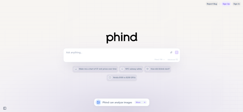 Phind developer-oriented AI search engine interface screenshot, showing programming problem solving, code example generation and technical documentation integration functions