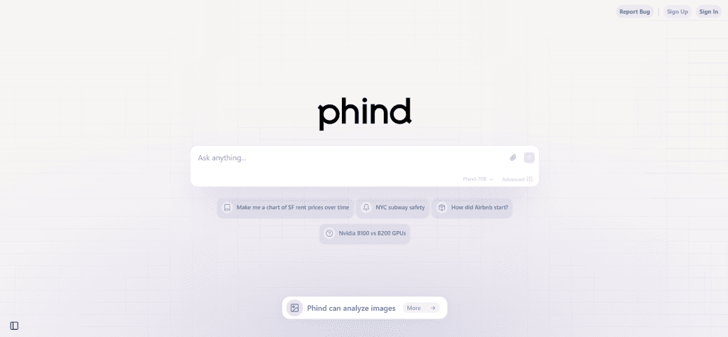 Phind developer-focused AI search engine interface showcasing code search capabilities