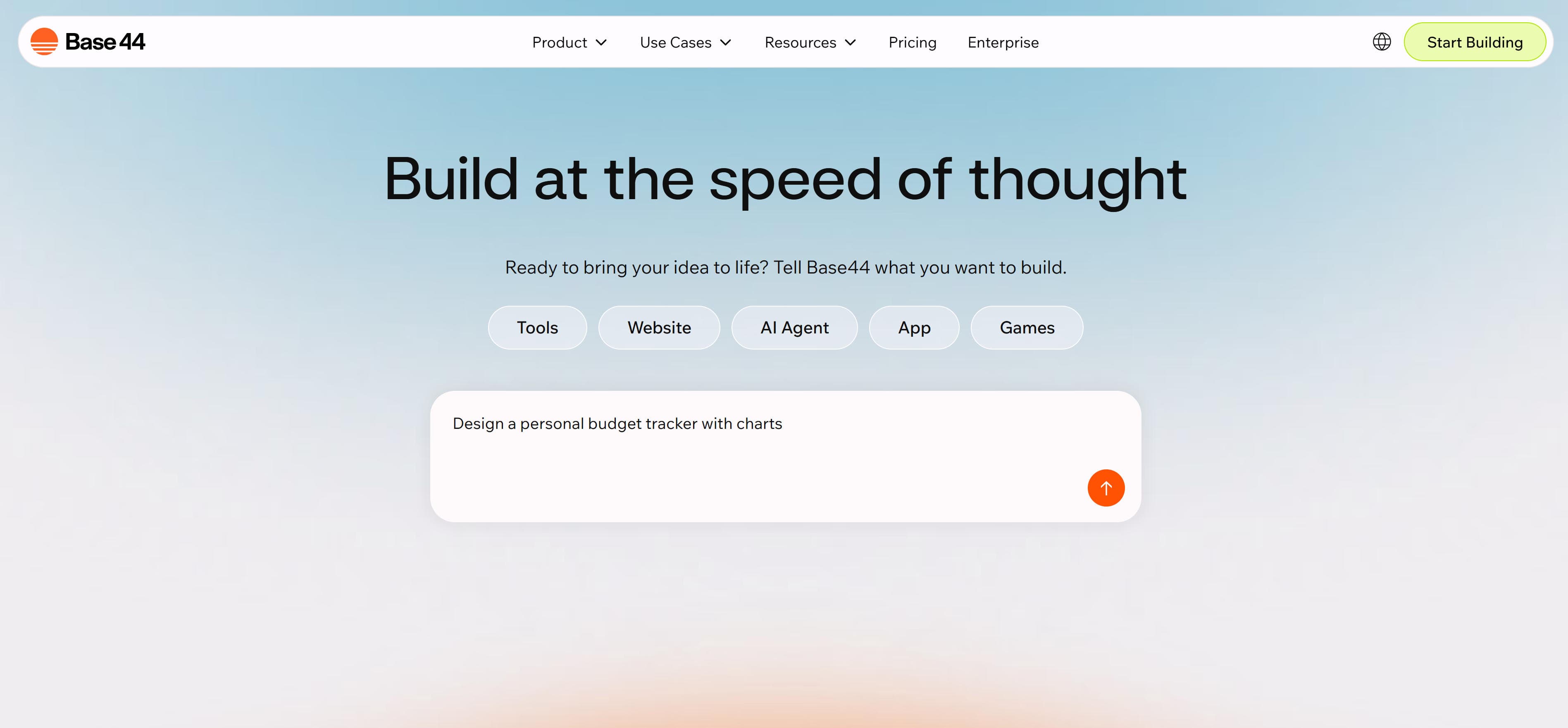 Base44 AI-powered app builder platform showing natural language app creation and automatic backend building capabilities