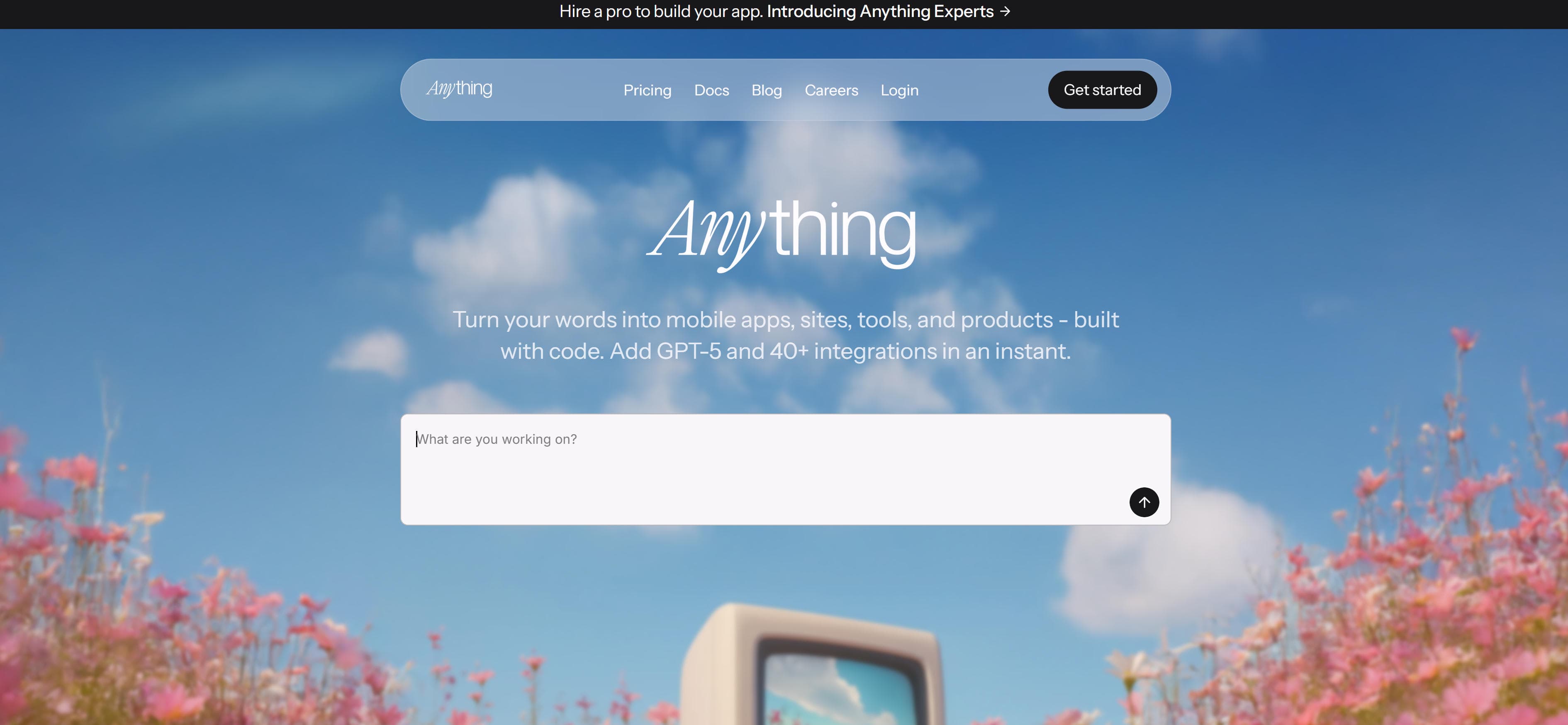 Create.xyz (Anything) AI app builder platform showing multi-platform support and GPT-5 integration capabilities