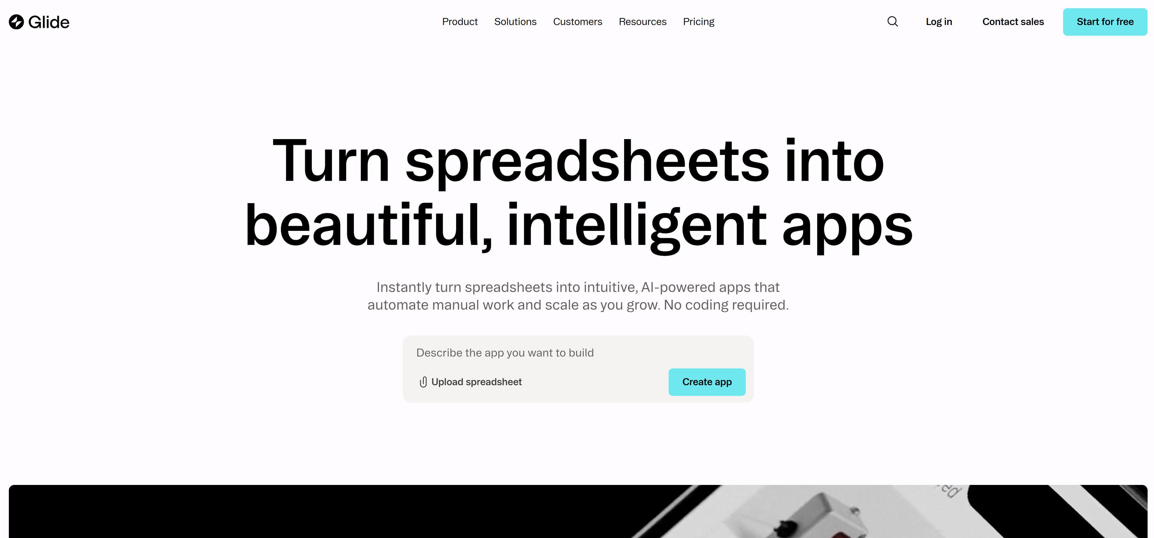 Glide no-code platform showing spreadsheet-to-app conversion and real-time data synchronization features