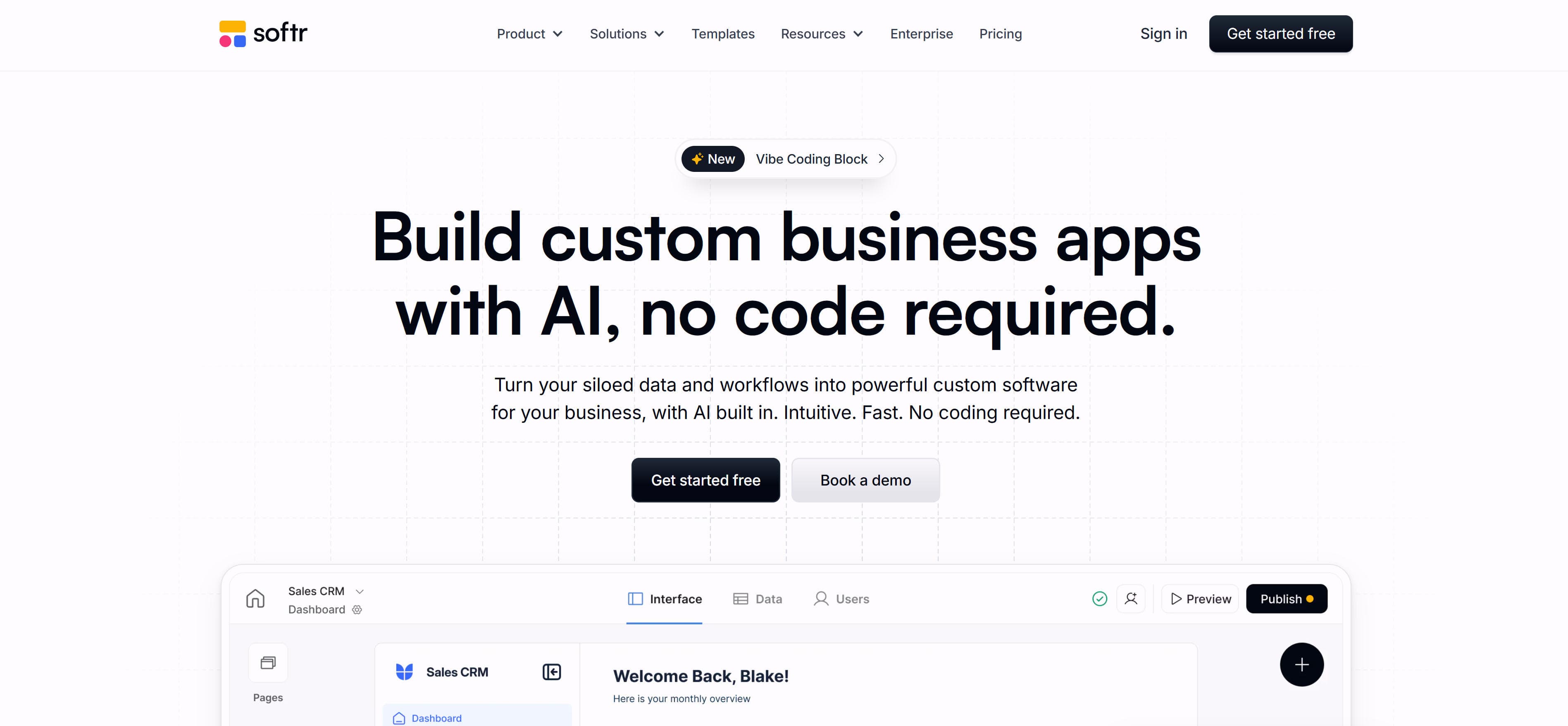 Softr AI-driven business app builder platform showing client portals and workflow automation capabilities