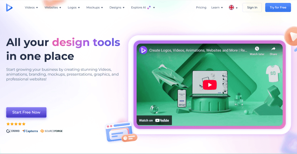 Renderforest AI website builder interface showing all-in-one creative platform and template library