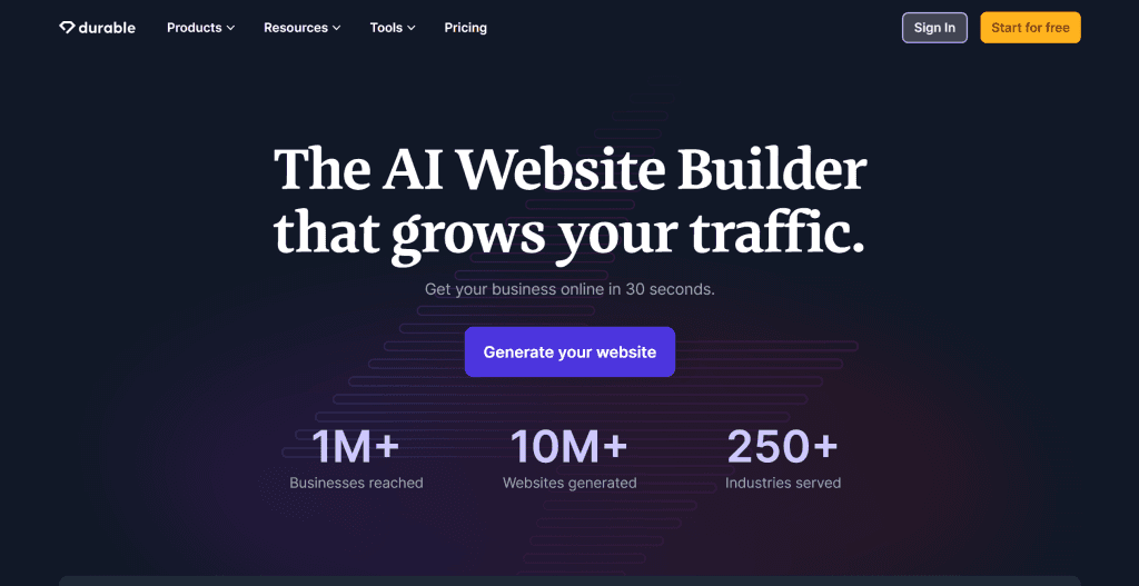 Durable AI website builder interface showing 30-second quick website building