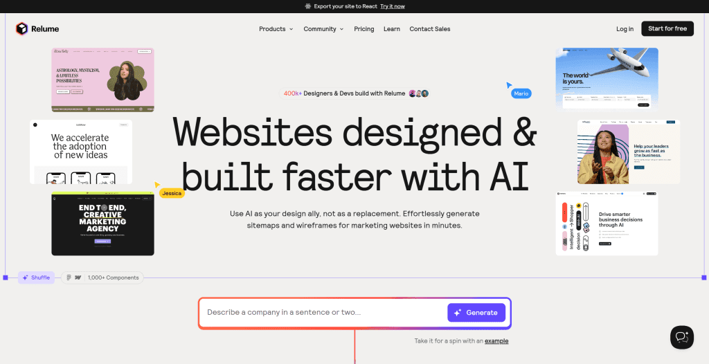 Relume AI website builder interface showing sitemap and wireframe generation features