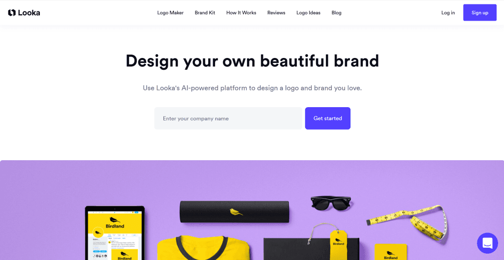 Looka AI logo generator interface showing extensive design options and brand guide features