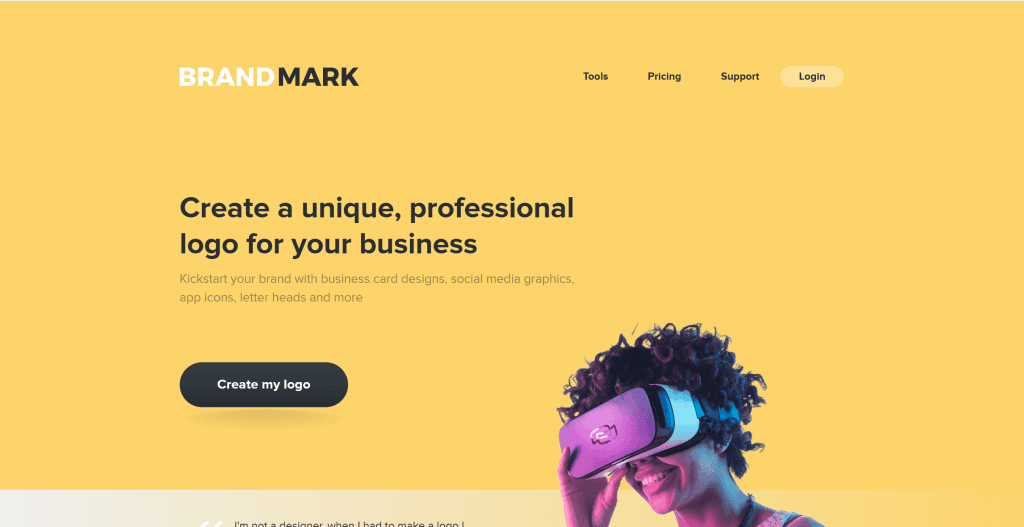 Brandmark AI logo generator interface showing automated logo design and brand guide features