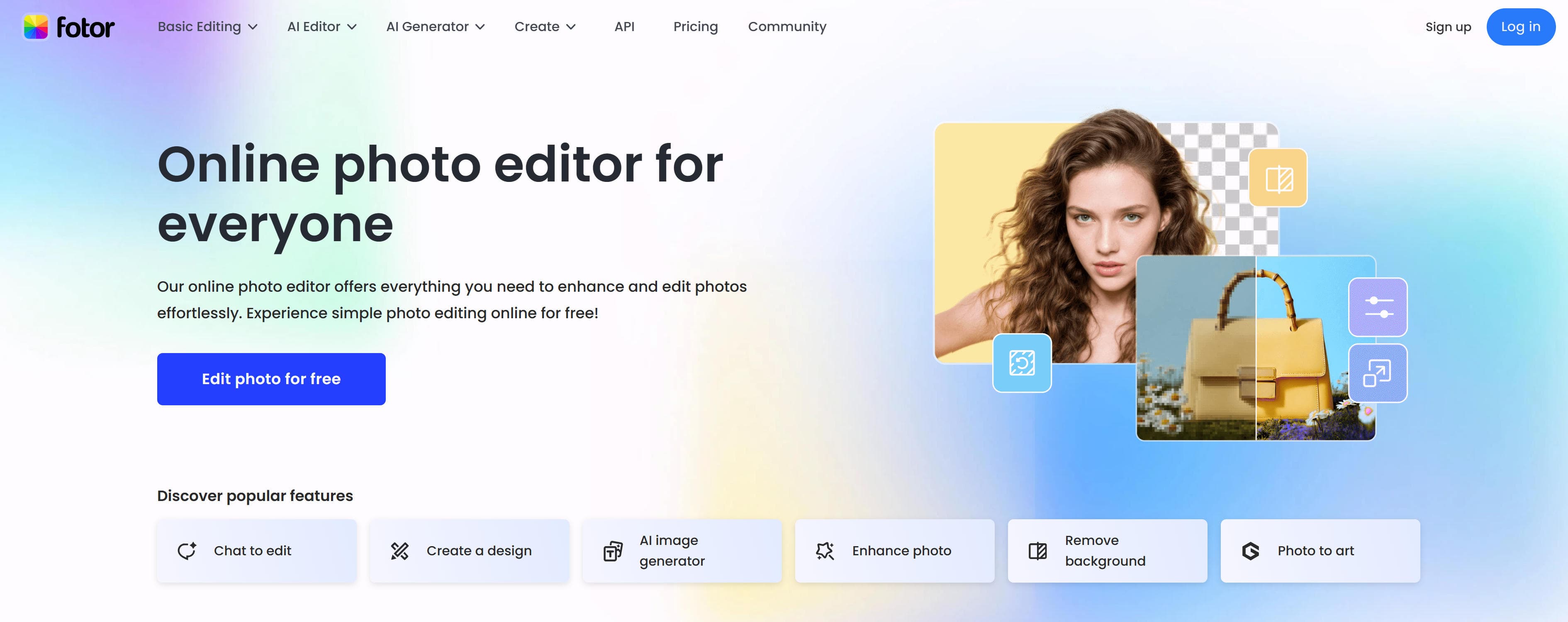 Fotor interface showing one-click enhancement, batch processing, and creative editing features