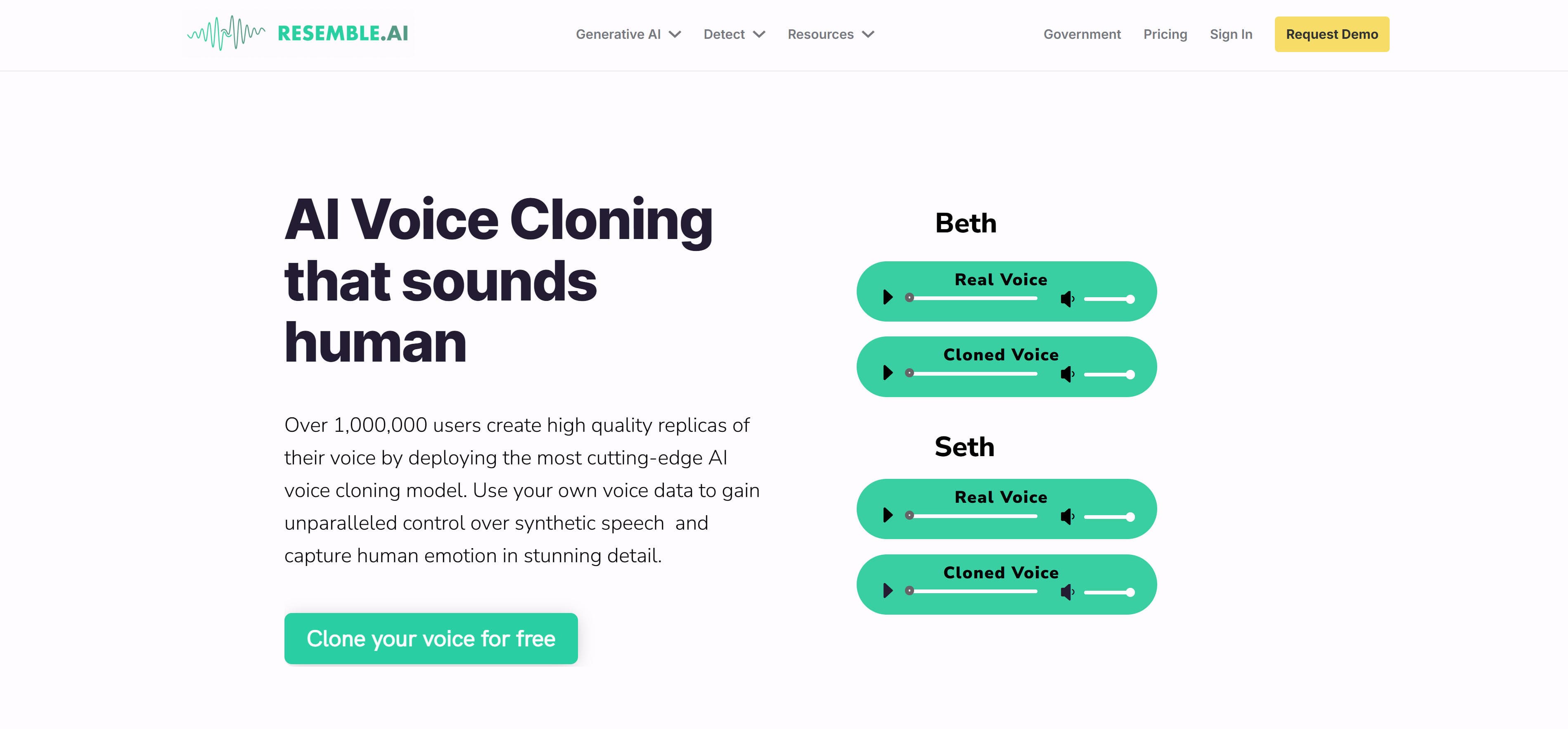 Resemble.ai high-fidelity voice cloning API platform interface displaying enterprise-grade voice cloning features for creating brand virtual spokespersons