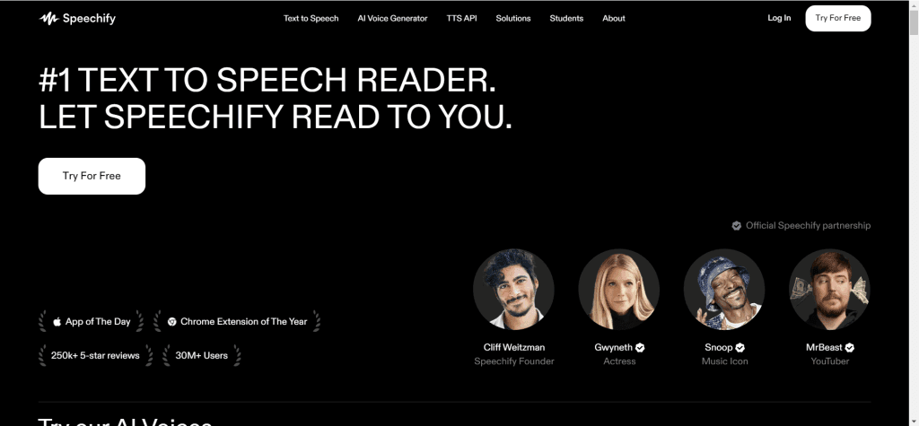Speechify voice cloning tool interface displaying voice cloning functionality through short audio samples, supporting text-to-cloned-voice conversion, commonly used for personalized audiobook reading