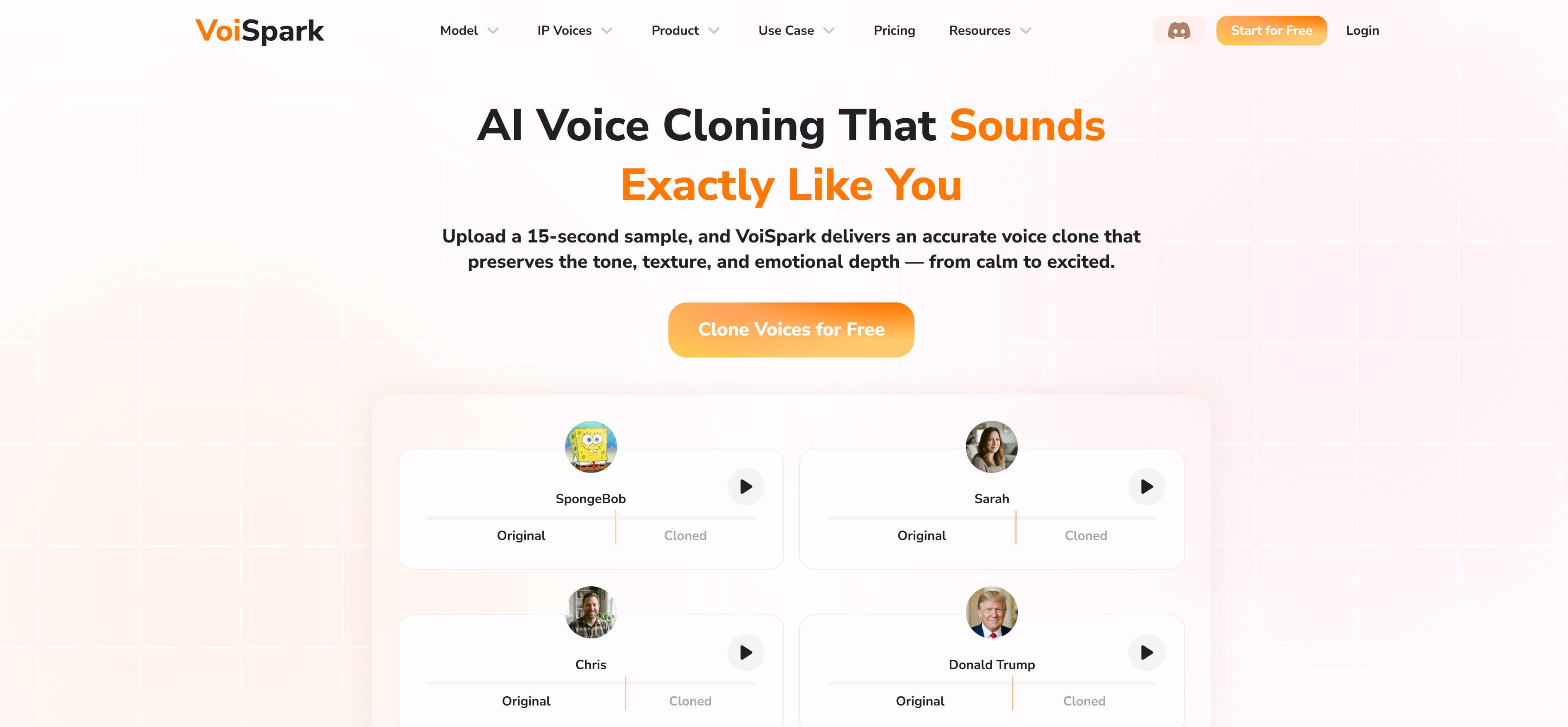 VoiSpark voice cloning tool interface displaying high-quality voice cloning features, supporting voice cloning through short audio samples and text-to-cloned-voice conversion