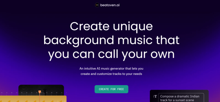 Beatoven.ai AI配乐生成工具界面，展示为视频创作者生成定制化背景音乐功能，支持根据视频节奏自动调整曲风，适合需要动态配乐的用户
