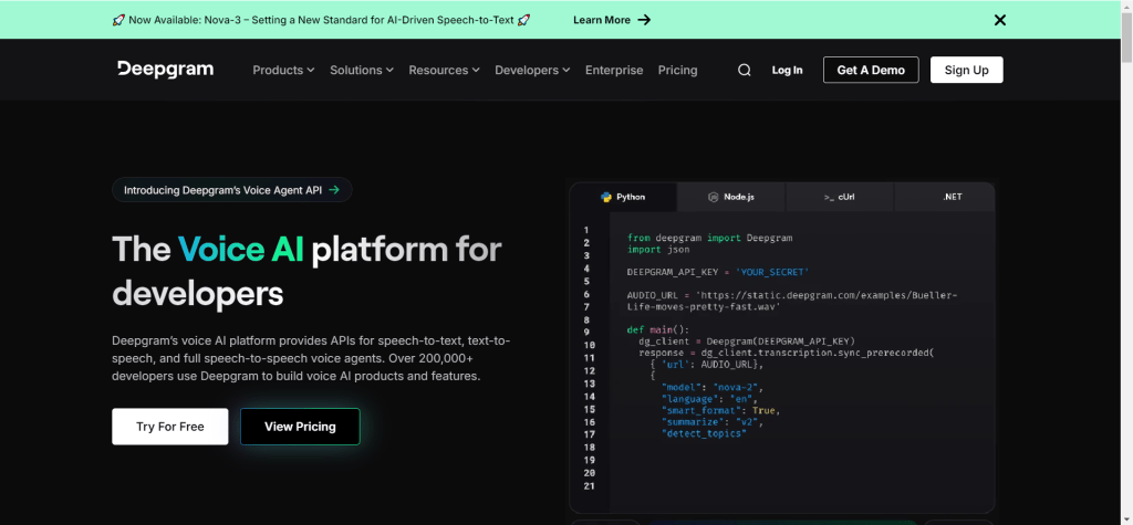 Deepgram 开发者导向实时语音合成平台界面，展示REST API和WebSocket API接口，支持低延迟文字转语音服务