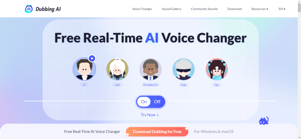 Dubbing AI实时变声器界面,展示实时变声功能和多平台兼容性
