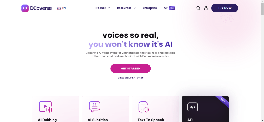 Dubverse AI翻译与语音合成集成平台界面，展示一键生成多语言配音功能，支持视频和音频内容的多语言本地化