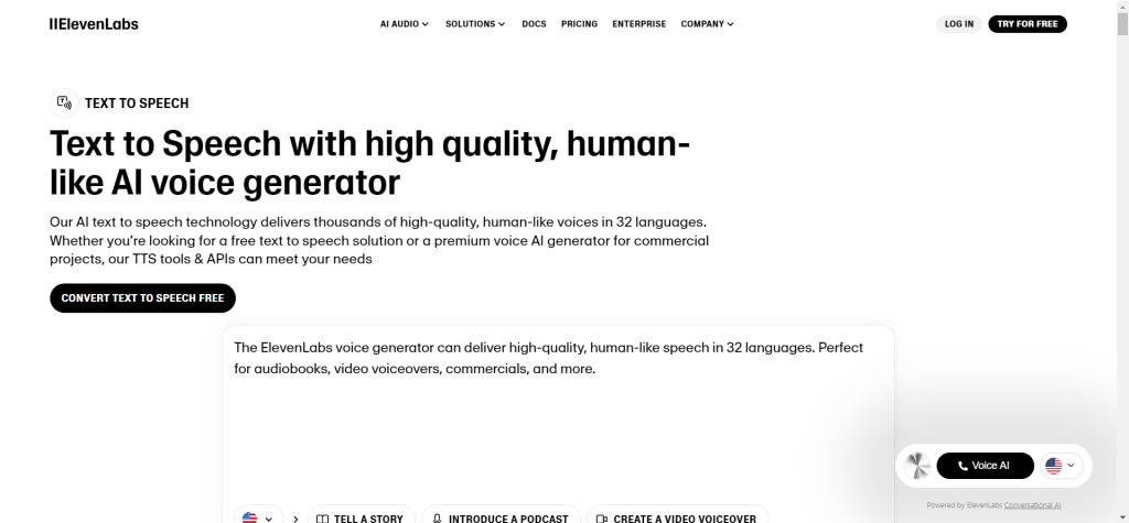 ElevenLabs 文字转语音工具界面，展示高质量语音合成、情感表达和声音克隆功能，支持多语言TTS服务
