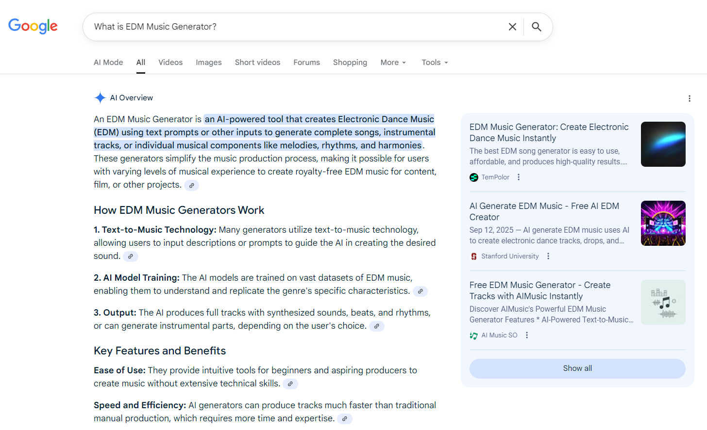 Google AI Overview内容中直接引用TemPolor作为EDM音乐生成器的例子