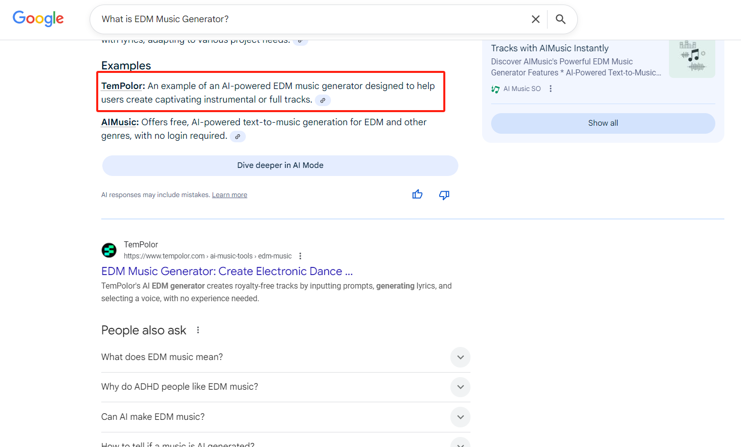Google AI Overview搜索结果显示TemPolor在右侧自然搜索结果中排名第一