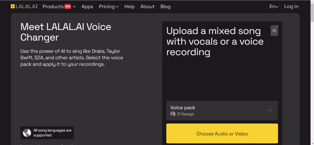 Lalal.ai非实时变声工具界面,展示人声分离和音色调整功能