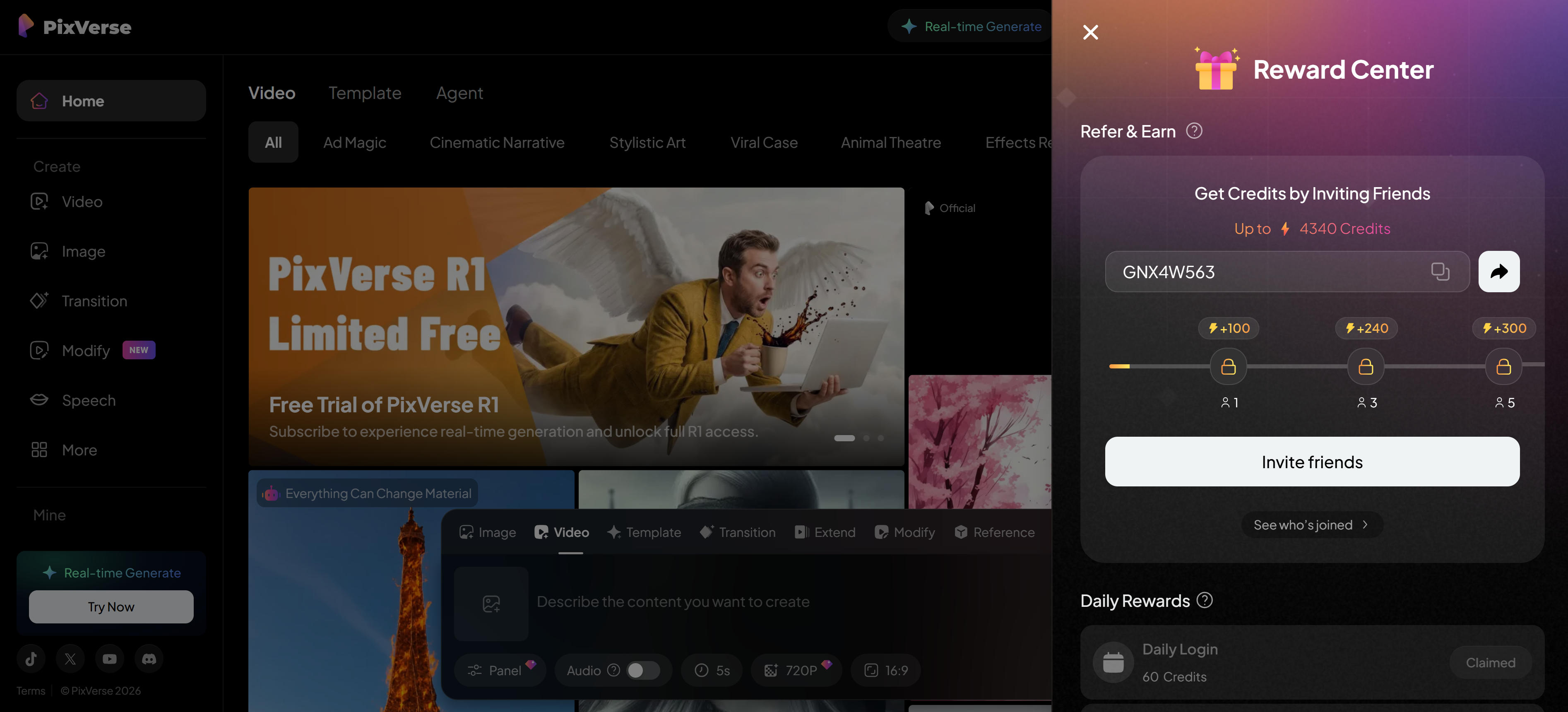 Pixverse referral program dashboard interface