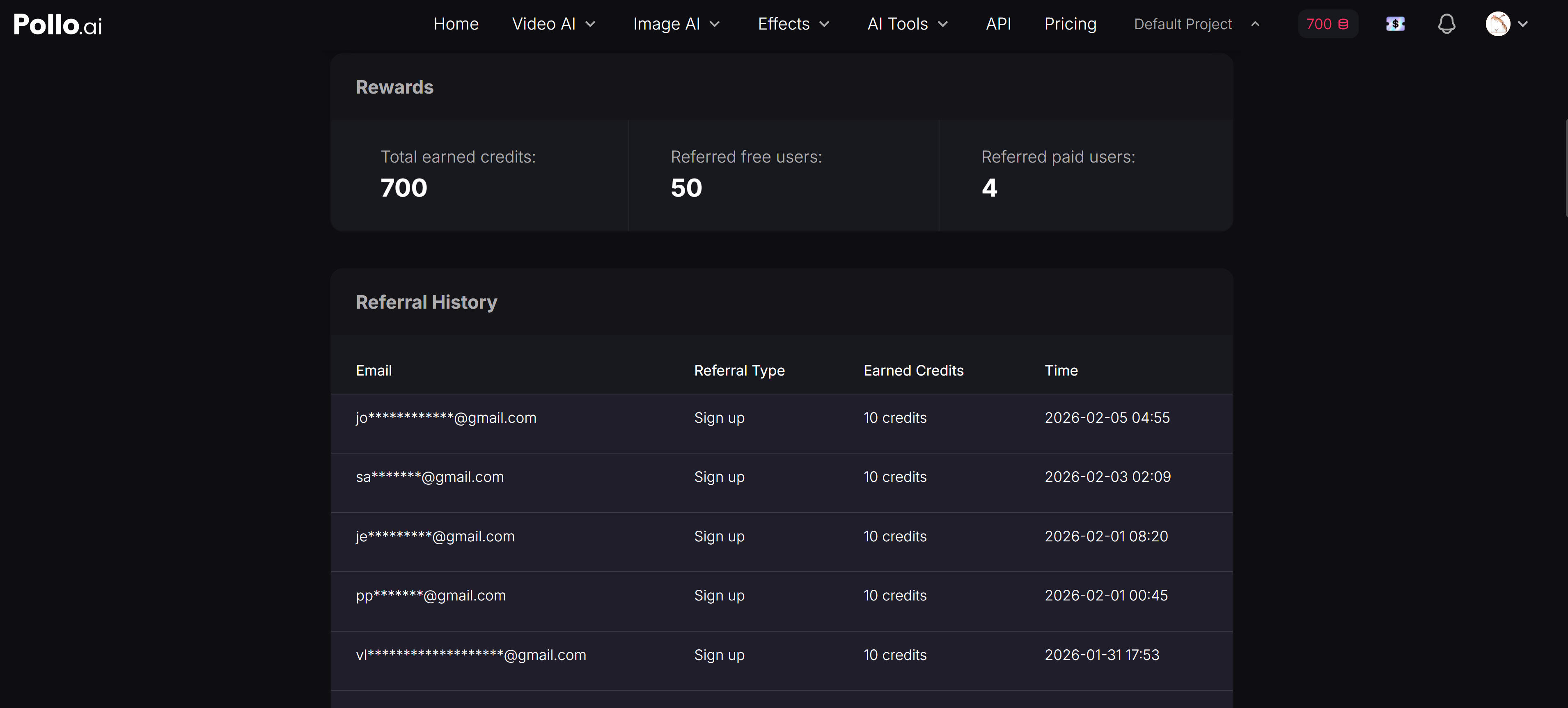 Pollo referral achievement: showed only the last 50 free users and 4 paid users