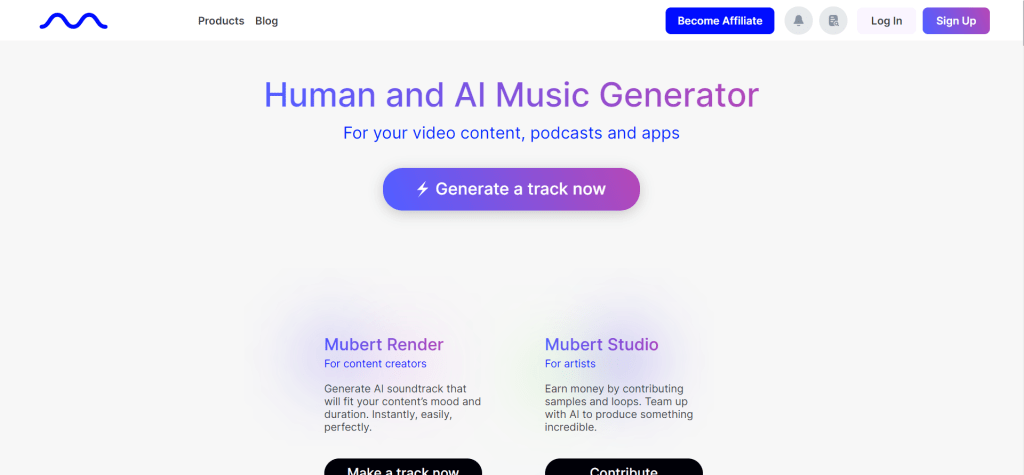 Mubert 实时音乐生成平台界面，展示利用GAN技术实时生成无版权电子音乐功能，支持调整情感标签生成适配场景的曲目，适合直播、播客等商业用途