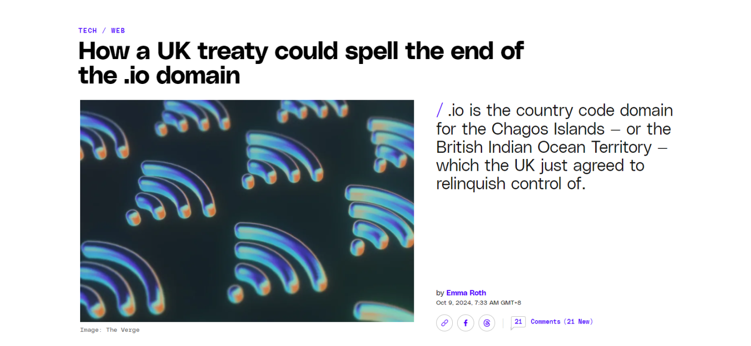 .io域名相关报道，英国政府放弃查戈斯群岛控制权可能影响.io域名
