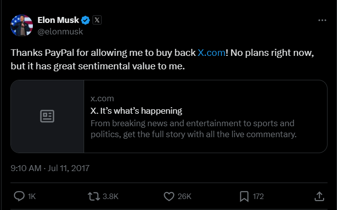 X.com域名购买案例，马斯克重新购买X.com域名