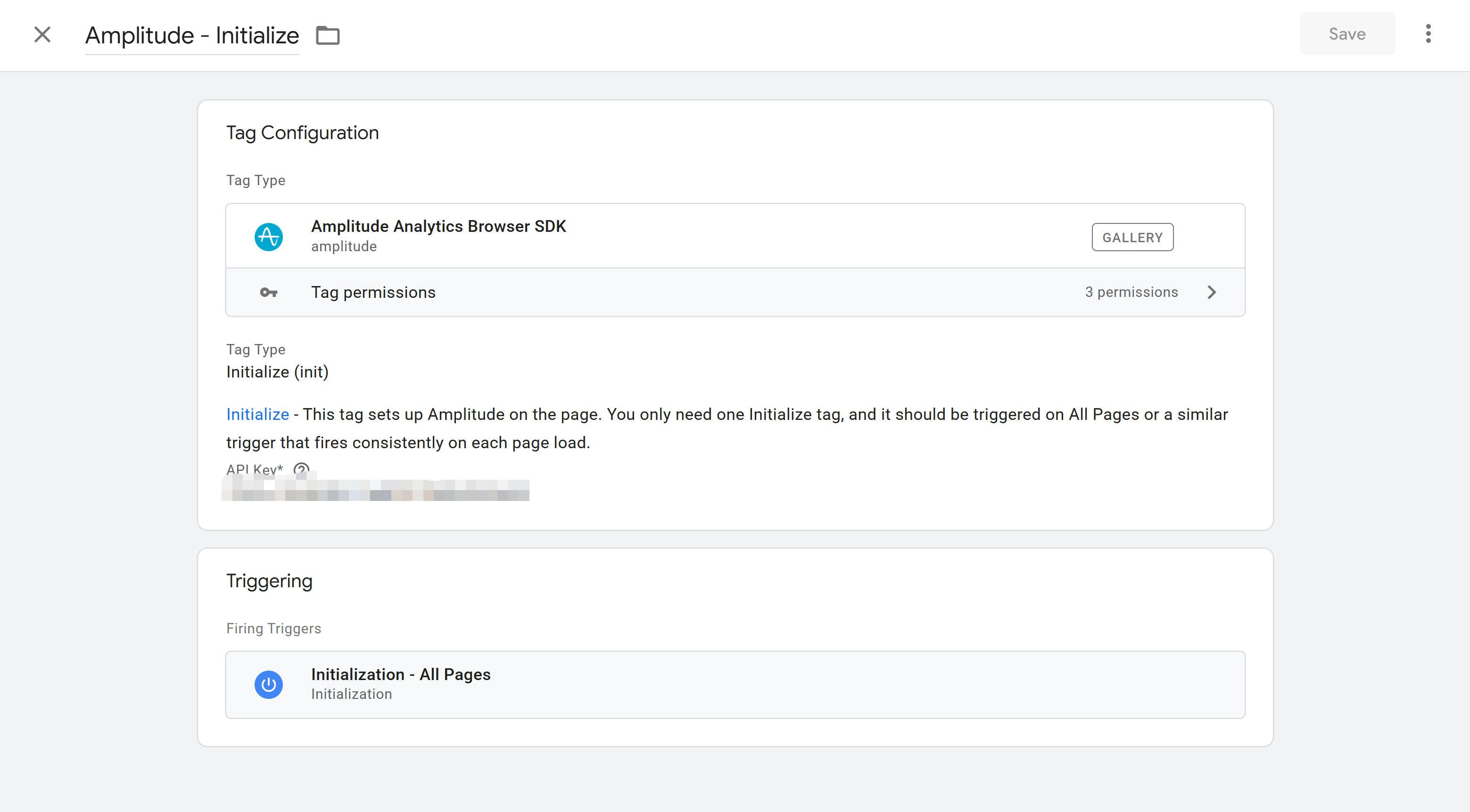 GTM配置Amplitude标签界面:展示Amplitude模板的配置选项,包括API Key输入、自动捕获功能设置和自定义事件跟踪配置