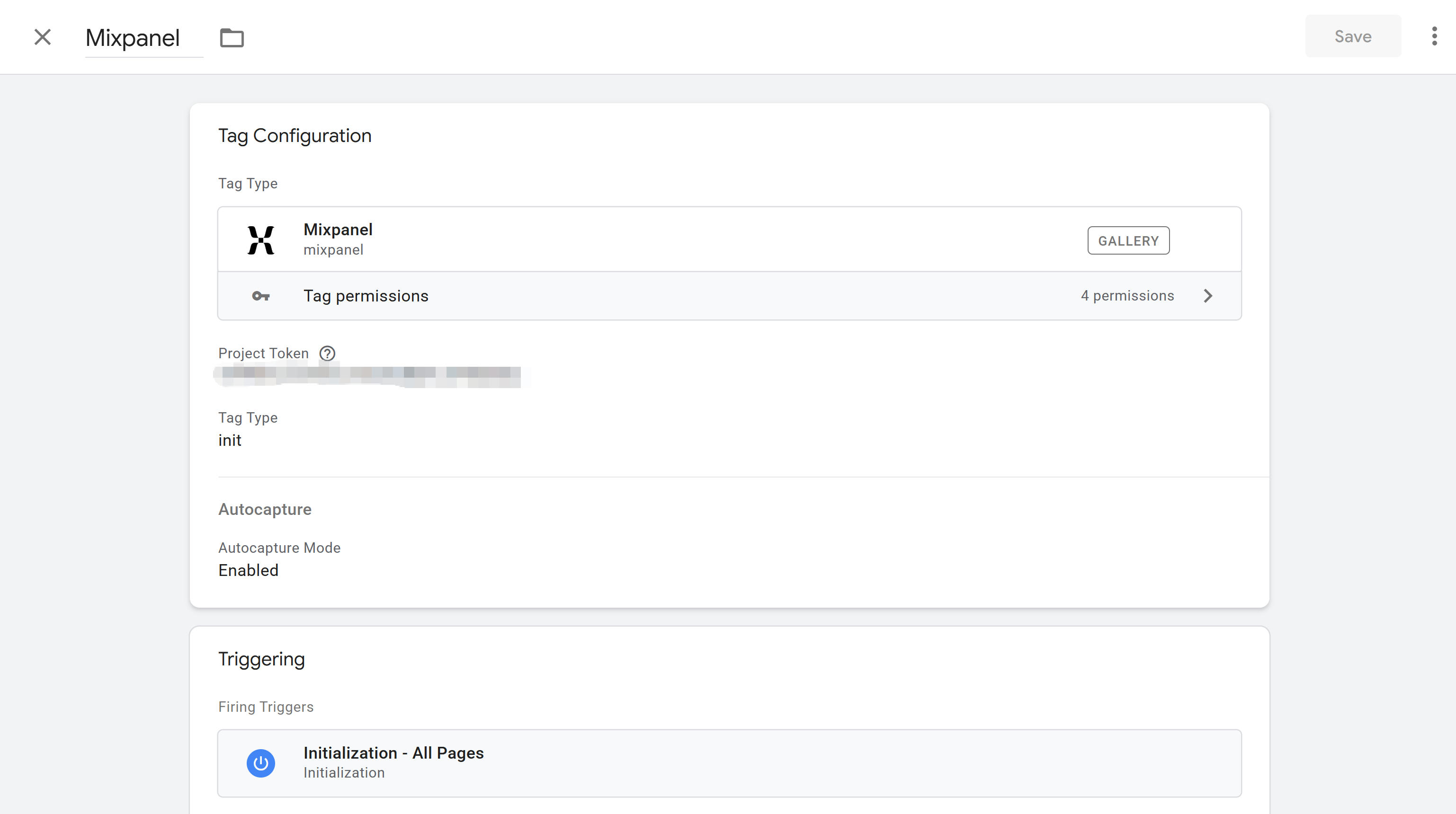GTM配置Mixpanel标签界面:展示Mixpanel模板的配置选项,包括Project Token输入、Tag Type选择(init、Track Pageview、Track)和触发器设置