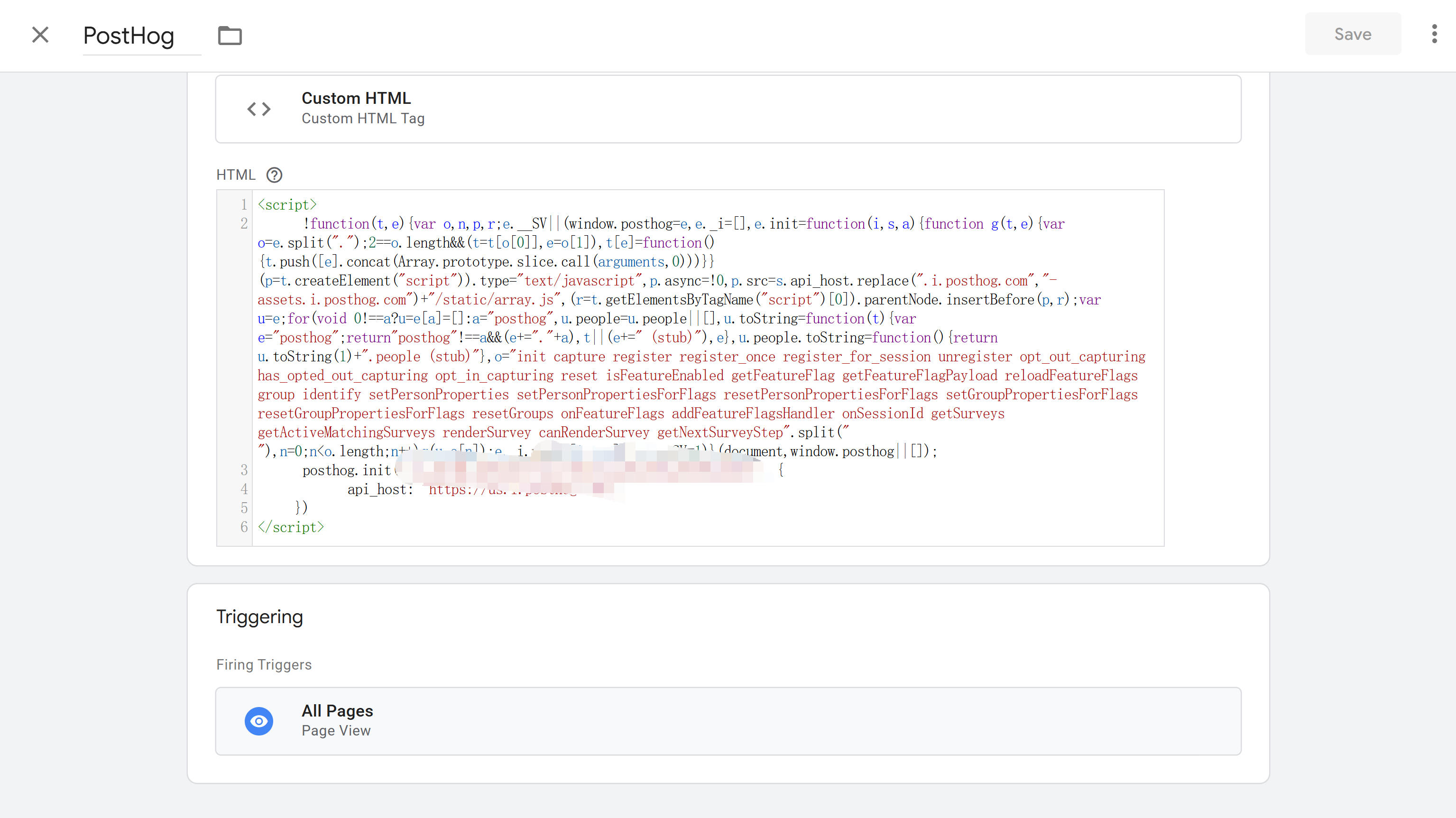GTM配置PostHog标签界面:展示Custom HTML标签的配置方法,包括PostHog初始化代码粘贴、API Key和Host配置,以及自动捕获功能设置