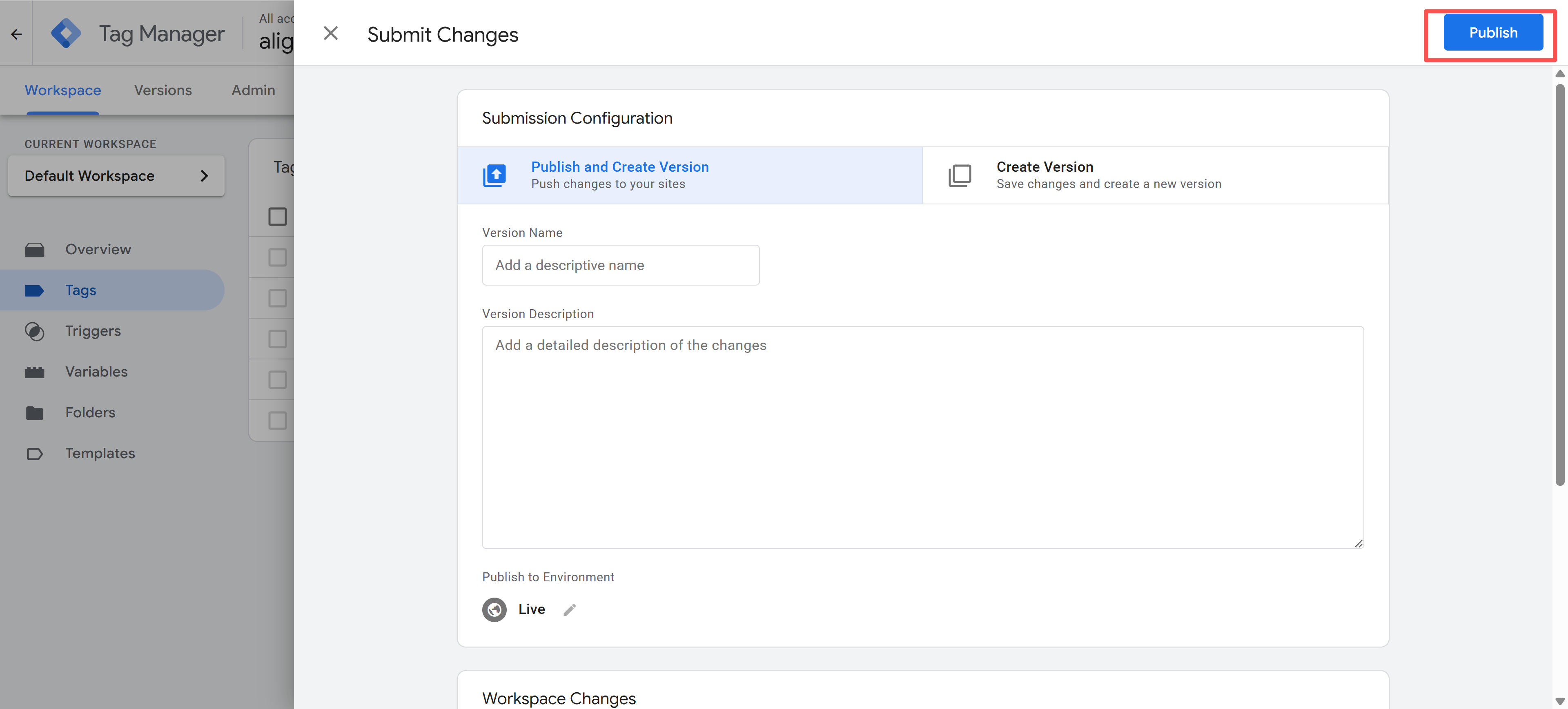 GTM发布容器界面:展示版本名称填写、版本描述输入和发布确认流程