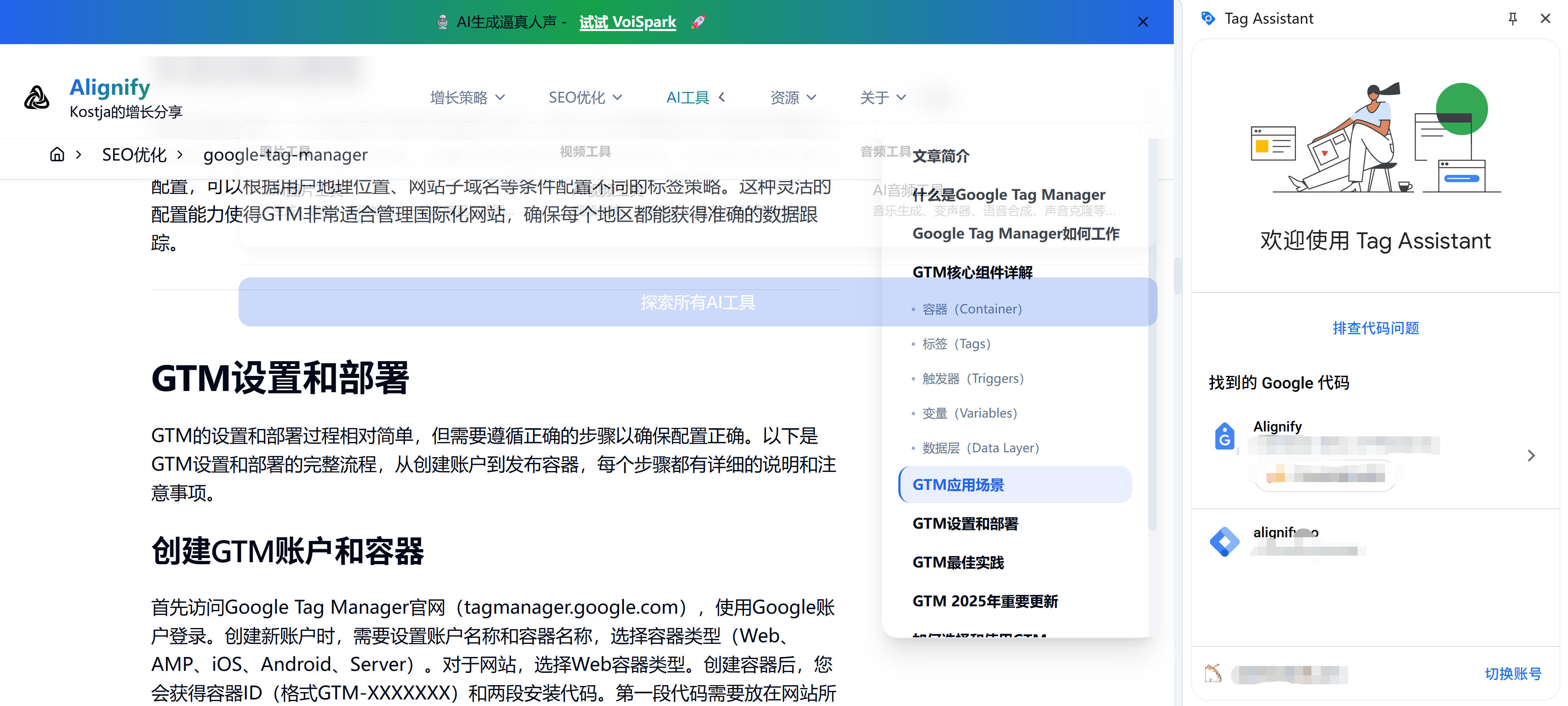 Google Tag Assistant浏览器扩展插件界面:展示GTM容器检测、标签触发状态和数据层内容查看功能