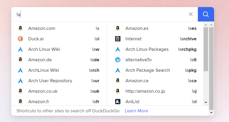 DuckDuckGo Bangs快捷指令功能演示截图，展示如何使用!命令快速搜索
