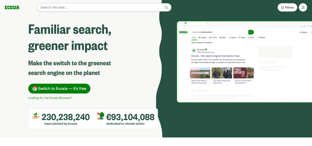 Ecosia德国环保搜索引擎首页界面截图，展示植树项目
