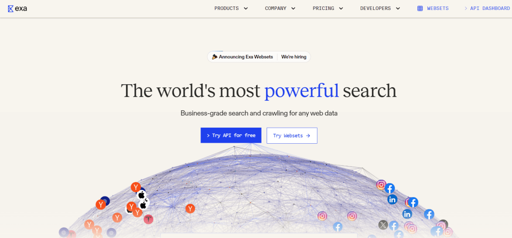 Exa AI搜索API服务界面截图，展示神经搜索技术、语义搜索功能和AI产品搜索解决方案
