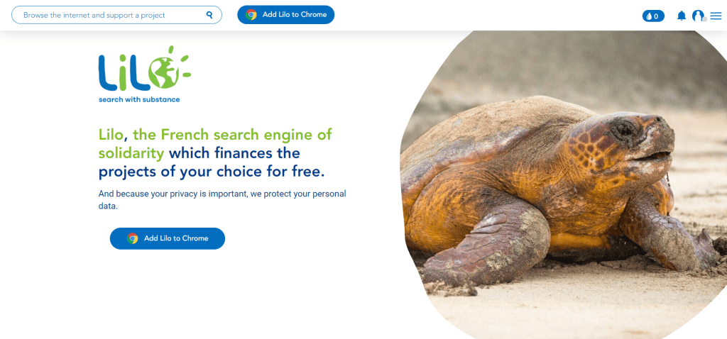 Lilo法国环保搜索引擎首页界面截图，展示水滴分配功能