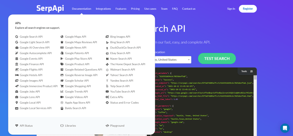 SerpApi搜索API服务界面截图，展示如何获取结构化搜索引擎结果数据
