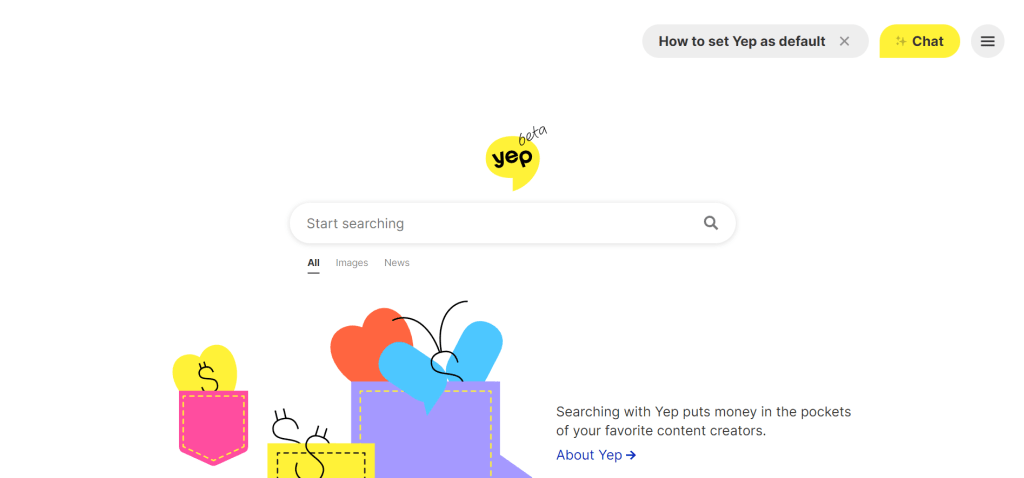Yep搜索引擎首页界面截图，展示内容创作者收益模式