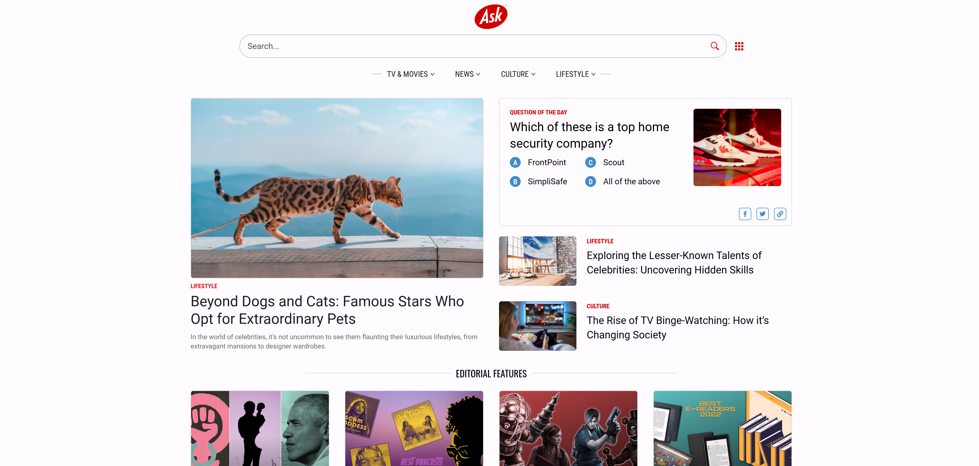 Ask.com问答式搜索引擎首页界面截图，展示问答社区模式