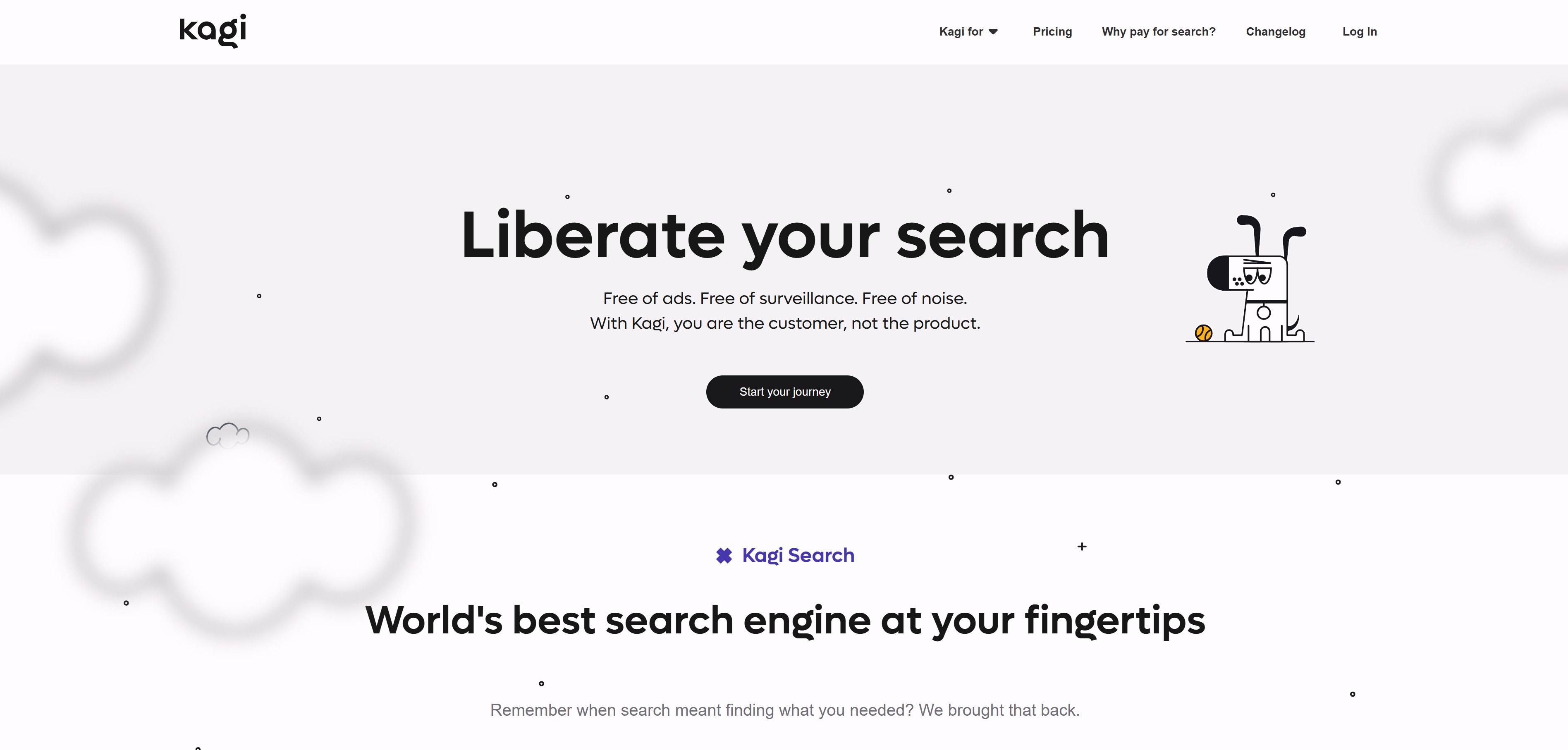 Kagi付费订阅制搜索引擎界面截图，展示无广告干扰的高质量搜索体验和个性化权重调整功能