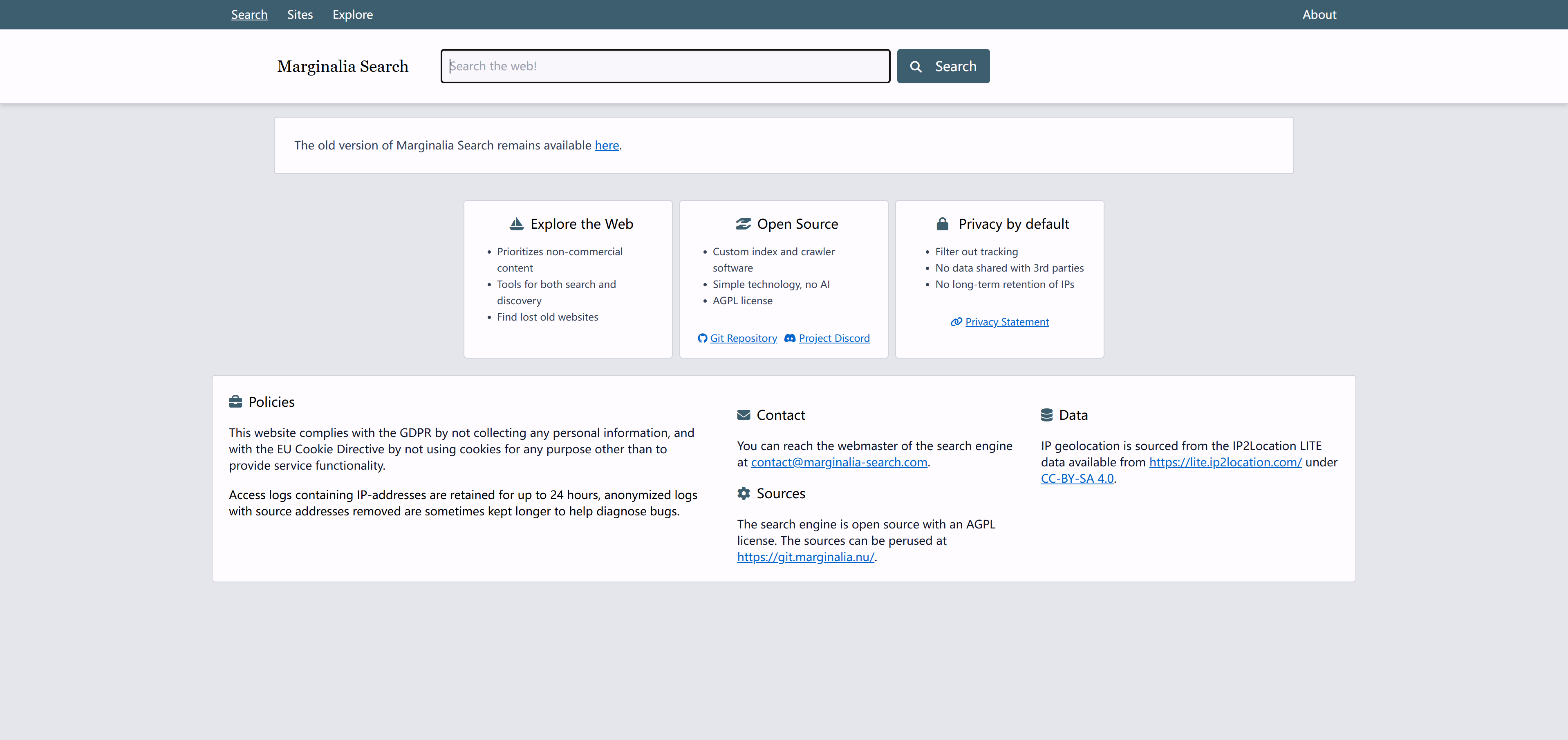Marginalia小众网站挖掘搜索引擎界面截图，展示文本优先排序策略和优质小众内容发现功能