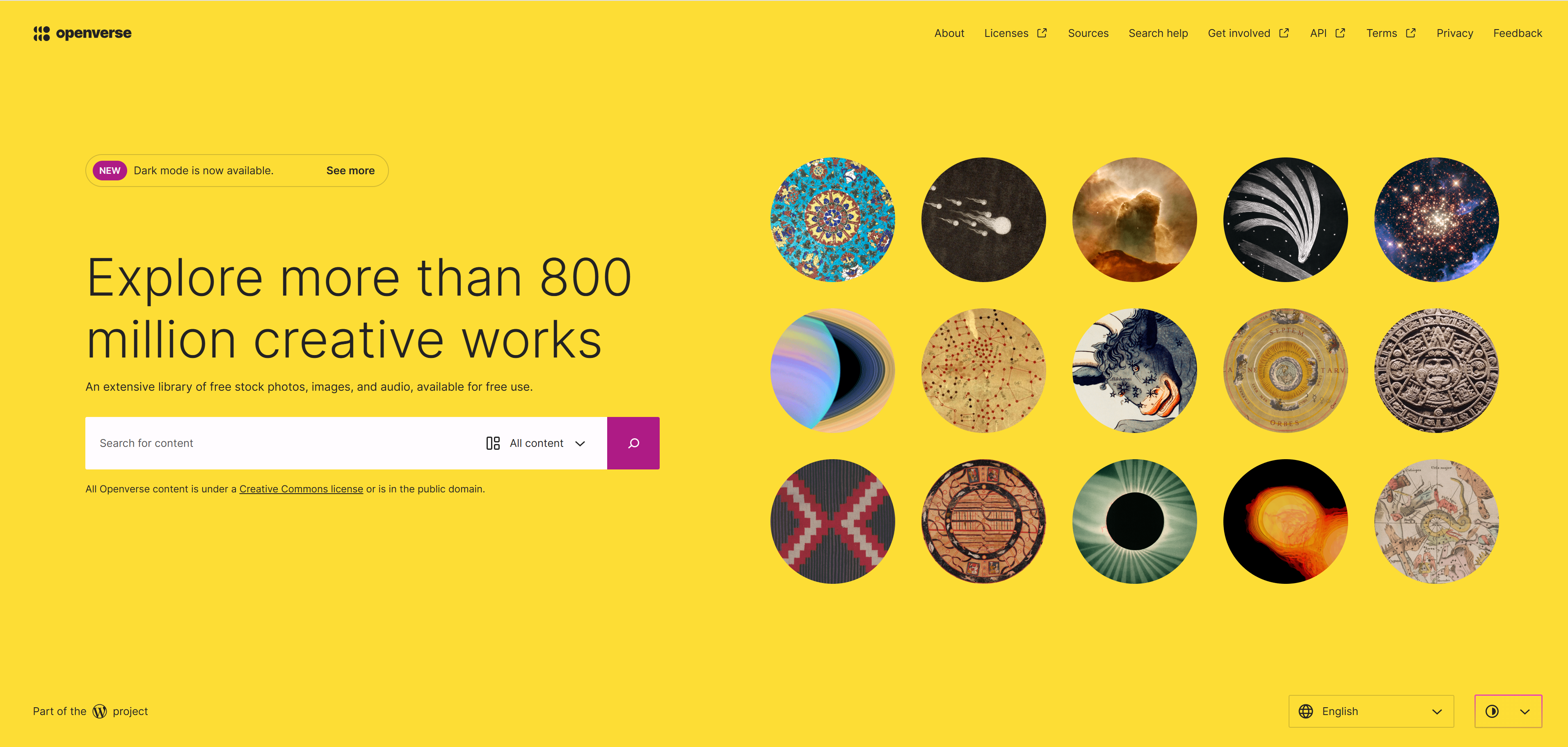 Openverse开源多媒体搜索引擎界面截图，展示Creative Commons协议授权的图片和音频搜索功能