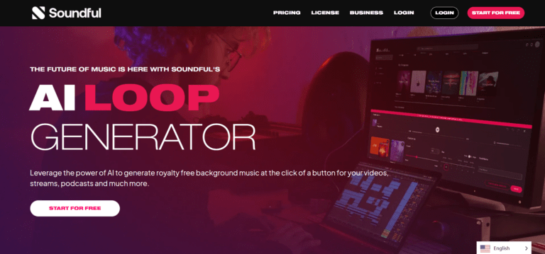 Soundful 高保真音乐生成工具界面，展示一键生成版权安全曲目功能，适合广告和品牌内容制作，提供商业友好的音乐解决方案