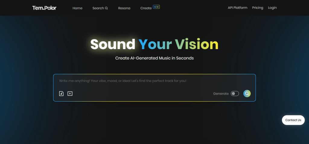 TemPolor AI音乐生成工具界面，展示文本或图像输入生成个性化音乐功能，提供免版税授权和AI驱动的音乐搜索、视频配乐匹配功能，适合视频、广告及播客场景