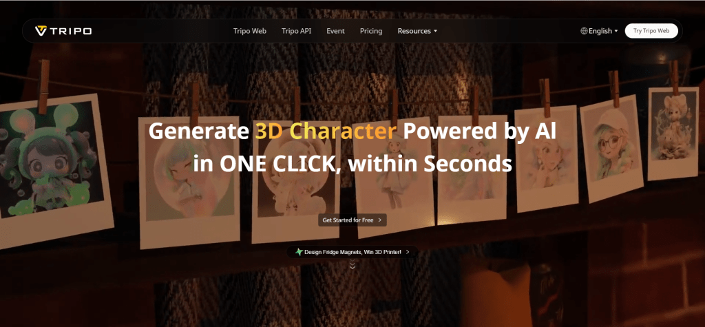 AI 3D生成工具界面展示，包括Tripo、Meshy、Rodin等主流工具