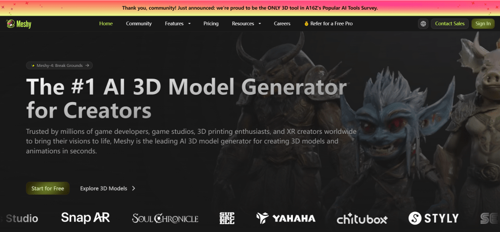 Meshy AI 3D生成工具界面，展示文本和图像到3D模型的转换功能