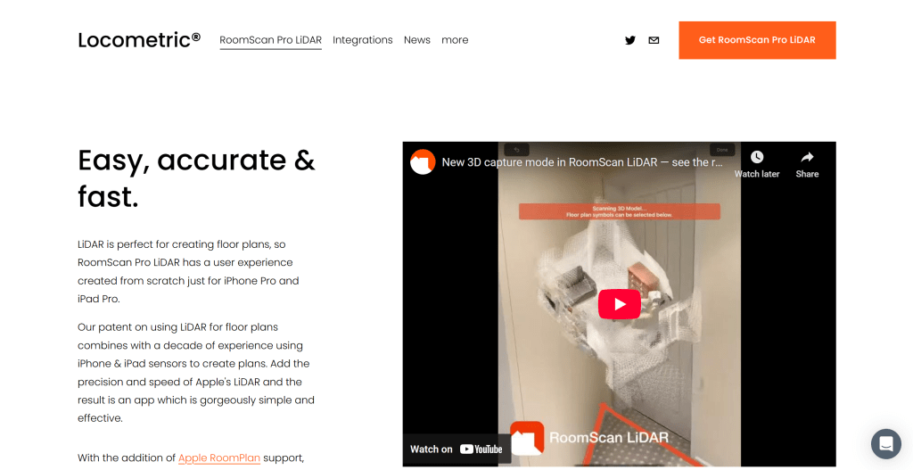 RoomScan Pro LiDAR 3D扫描工具界面，展示利用LiDAR技术进行精确室内扫描的功能