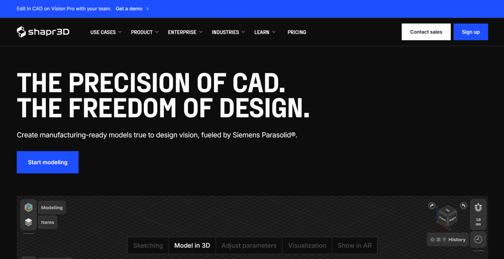 Shapr3D 3D建模工具界面,展示专为iPad设计的触控3D建模功能