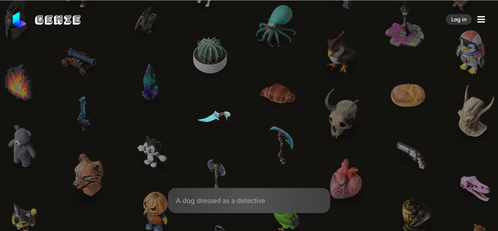 Genie by Luma AI 3D生成工具界面,展示文本到3D模型和视频到3D场景的转换功能